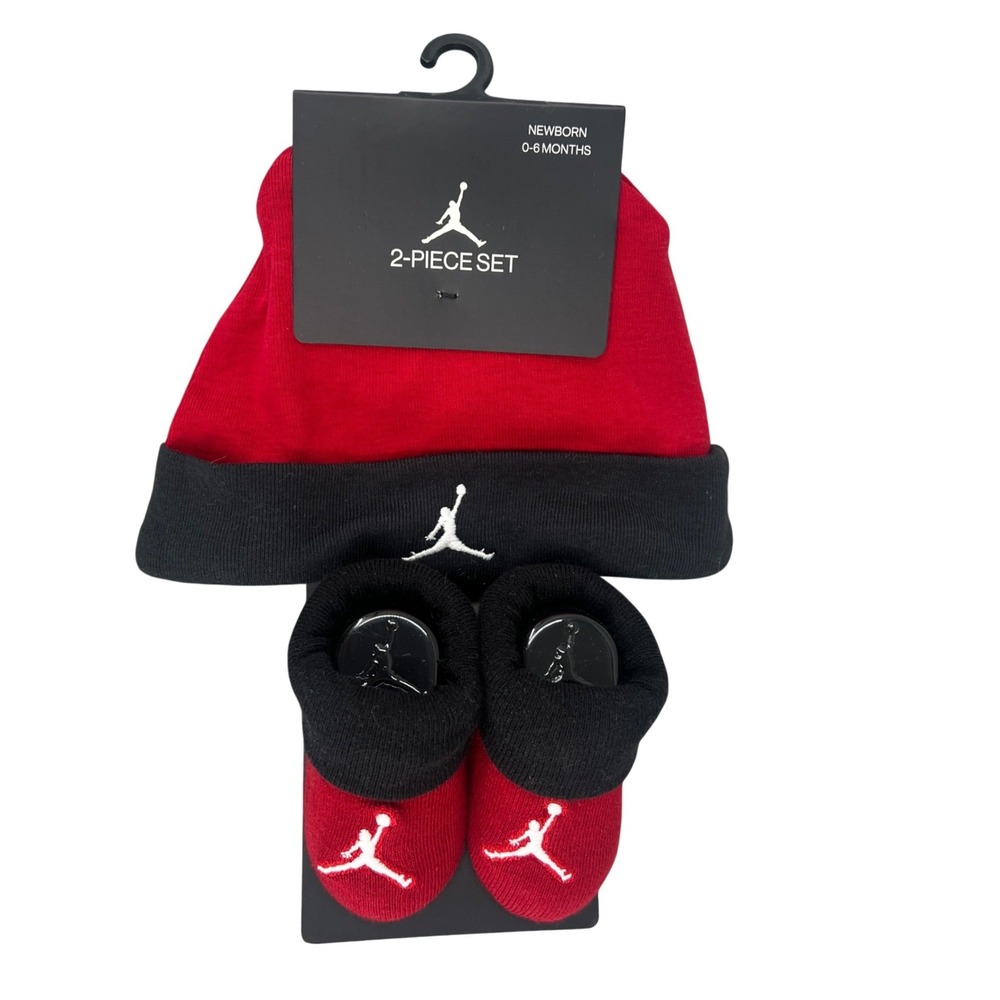 Jordan 2-Piece Beanie and Booties Set Newborn 0-6 Months Red Black Jumpman NEW